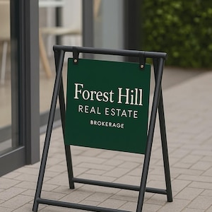 May include: A black metal A-frame sign with a dark green panel. The sign reads "Forest Hill REAL ESTATE BROKERAGE" in white text. The sign is placed on a brick walkway near a glass door and greenery.