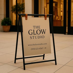 May include: A-frame sign with a black metal frame and a beige sign. The sign reads "THE GLOW STUDIO" in black text, with a website address and phone number below. The sign is held in place with brown leather straps.