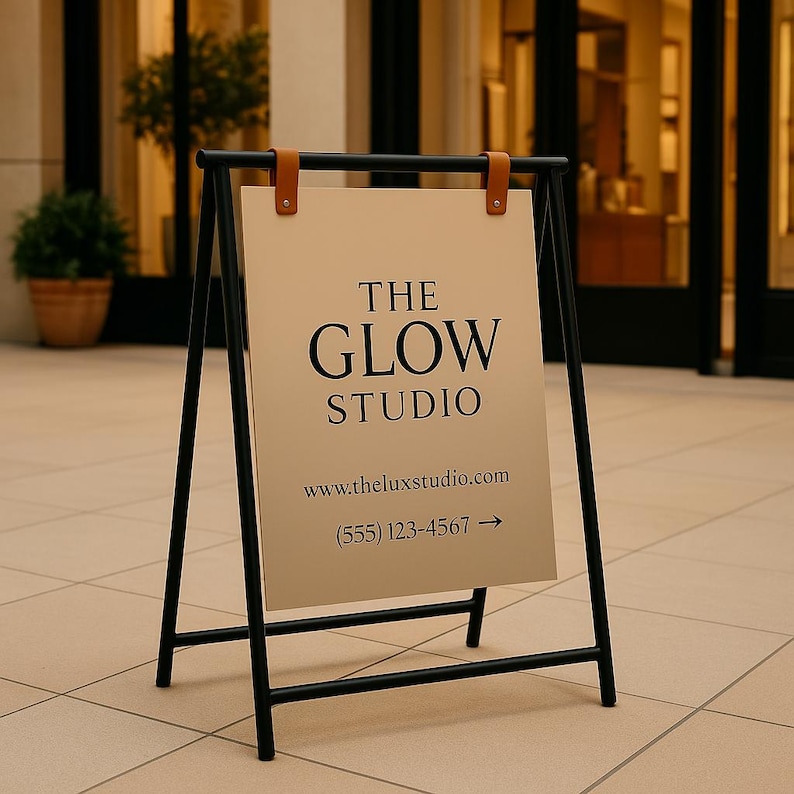 May include: A-frame sign with a black metal frame and a beige sign. The sign reads "THE GLOW STUDIO" in black text, with a website address and phone number below. The sign is held in place with brown leather straps.