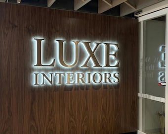 3D Backlit stainless steel channel letter sign, Personalized Business Signage, Custom Halolit Business Sign,  3D Gold Illuminated Logo,