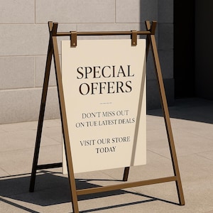 May include: A-frame sign with a cream-colored sign that reads "SPECIAL OFFERS." Below the title, the sign says "DON'T MISS OUT ON TUE LATEST DEALS" and "VISIT OUR STORE TODAY." The sign is supported by a bronze-colored metal frame.