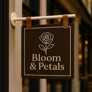 Può includere: Un cartello quadrato marrone con le parole "Bloom & Petals" e un'illustrazione di rosa in bianco. Il cartello è sospeso da cinghie di cuoio marrone a una barra di metallo bianca.