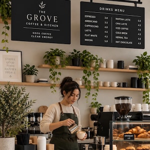 Op de afbeelding: Twee zwarte rechthoekige hangende borden tonen het logo The Grove Coffee & Kitchen en een drankenmenu met prijzen. Daaronder staan op houten planken planten en bakjes. Een glazen vitrine toont gebak met prijskaartjes.