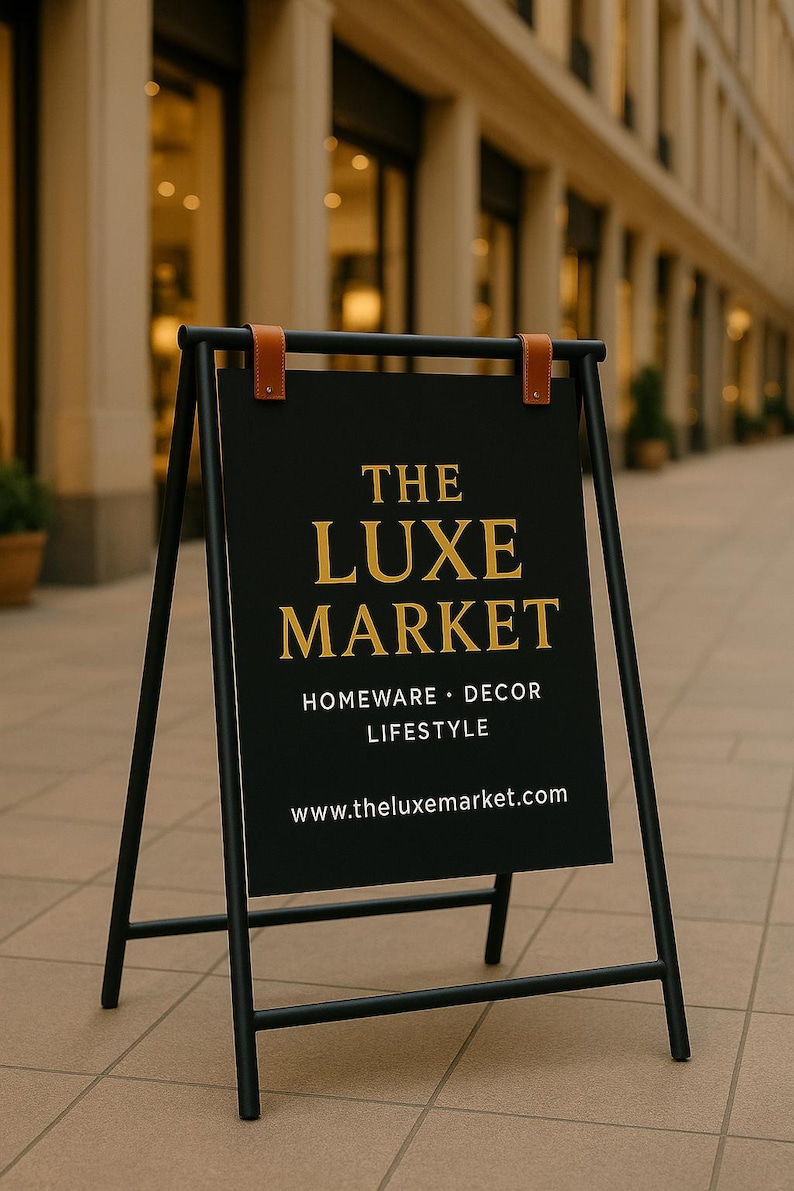 May include: Black metal A-frame sign with the text "THE LUXE MARKET" in gold lettering. The sign also includes "HOMEWARE &bull; DECOR &bull; LIFESTYLE" and a website address. Brown leather straps secure the sign.