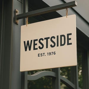 Peut inclure: Panneau rectangulaire cr&egrave;me avec le mot "WESTSIDE" en lettres noires grasses et "EST. 1976" en dessous. Le panneau est suspendu par des cha&icirc;nes dor&eacute;es &agrave; un support en m&eacute;tal noir, fix&eacute; &agrave; un b&acirc;timent gris fonc&eacute;.