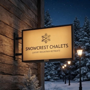 May include: A rectangular, illuminated wall-mounted sign with a black frame. The sign features a dark snowflake icon above the text SNOWCREST CHALETS and LUXURY MOUNTAIN RETREATS. It is attached to a wooden wall, with a snowy landscape visible in the background.