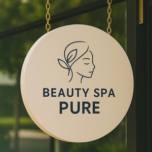 Peut inclure: Une enseigne ronde de couleur cr&egrave;me pour un spa de beaut&eacute;, suspendue par des cha&icirc;nes dor&eacute;es. L'enseigne pr&eacute;sente un dessin au trait minimaliste d'un visage de femme avec des feuilles et les mots "BEAUTY SPA PURE" en bleu fonc&eacute;.