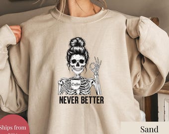 Chaotisch Brötchen trinken Kaffee für Frauen nie besser Skeleton T-Shirt, lustiges Skelett T-Shirt, Kaffee-Liebhaber-Geschenk Schädel Retro Halloween Shirt
