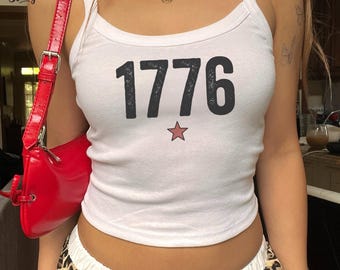 1776 Strap Crop Top, Y2K USA Patriotic Tank, Trendy Summer Vacation Tee, Vintage America Star Festival Top,USA 250 Years Spaghetti Strap Tee