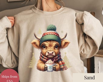 キュートなハイランドカウのクリスマスツリーシャツ、ホットココアの心地よい冬用ふわふわカウのクリスマスホリデーTシャツ、トレンディなハイランドカウのクリスマススウェットシャツ