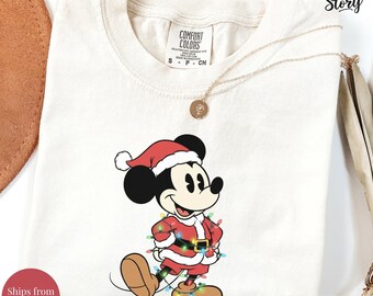 Camiseta navideña de Mickey con colores cómodos, camisetas lindas de Mickey, sudadera retro de Mickey, camiseta de ratón, camiseta de vacaciones familiares, regalo para amantes de Mickey