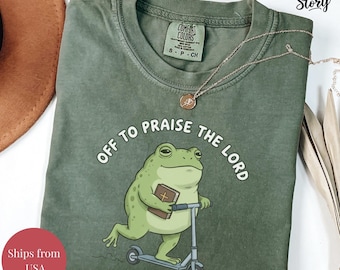 Camiseta cristiana Comfort Colors, unisex, teñida en prenda, divertida rana que sale a alabar al Señor, camiseta de estudio bíblico, humor de fe en la iglesia de Jesús