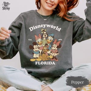 May include: Dark gray sweatshirt with a Disneyworld graphic featuring Mickey Mouse, Minnie Mouse, Donald Duck, Daisy Duck, Goofy, and Pluto. The text "Disneyworld Florida Est. 1971" is printed above and below the characters. The sweatshirt is a Pepper color.