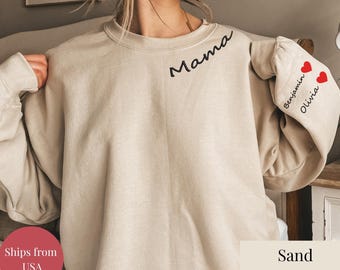 Custom Embroidered Mama Sweatshirt: Personalized Kids' Names Sleeve, Minimalist Momma Sweater