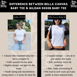 May include: A comparison graphic titled "DIFFERENCE BETWEEN BELLA CANVAS BABY TEE & GILDAN 5000B BABY TEE". It features two photos of people wearing white baby tees. Text highlights differences in fit, including cropped design, soft material, and youth sizing.