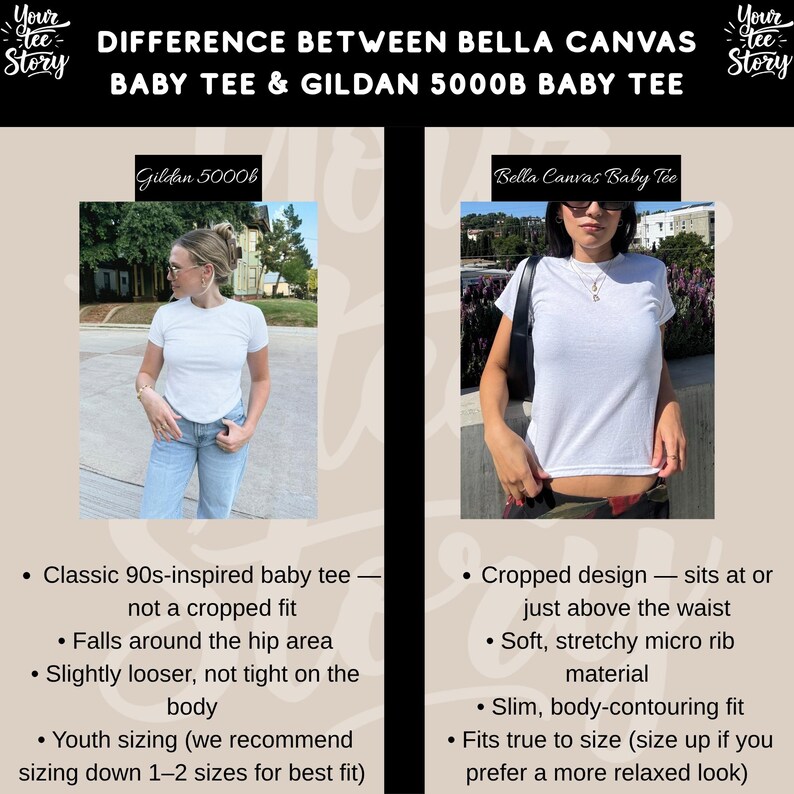May include: A comparison graphic titled "DIFFERENCE BETWEEN BELLA CANVAS BABY TEE & GILDAN 5000B BABY TEE". It features two photos of people wearing white baby tees. Text highlights differences in fit, including cropped design, soft material, and youth sizing.