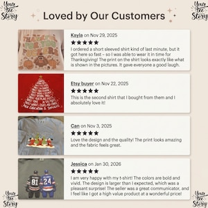May include: A graphic showing customer reviews for a t-shirt company. The reviews are displayed on a cream-colored background with the company logo in the corners. The reviews include images of the shirts and customer feedback.