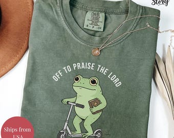 Camiseta cristiana Comfort Colors, unisex, teñida en prenda, divertida rana que sale a alabar al Señor, camiseta de estudio bíblico, humor de fe en la iglesia de Jesús.