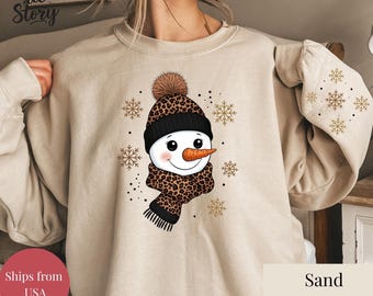 Leopard Schneemann Sweatshirt Jolly Schneemann Pullover mit passenden Ärmeln Festliches Winter Sweatshirt Damen Weihnachten Pullover Süßes Schneemann-Shirt