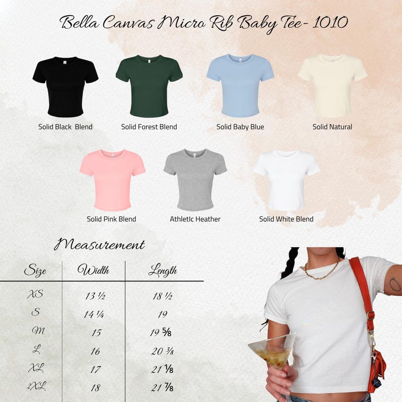 May include: A selection of Bella Canvas Micro Rib Baby Tees in various colors, including black, forest green, baby blue, and pink. The image also displays a size chart with measurements in inches for width and length, ranging from XS to 2XL.