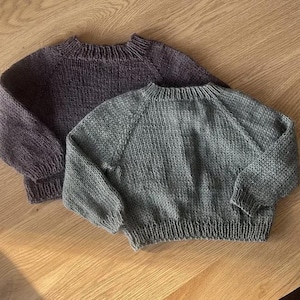 Peut inclure: Deux pulls tricotés à la main sont présentés. L'un est violet foncé, l'autre gris clair. Les deux ont des manches longues et un col rond. Les pulls sont faits d'un fil doux et texturé. Vêtements pour enfants.