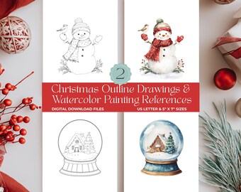 Kit de dibujo de acuarela navideña, muñeco de nieve y bola de nieve para pintar, impresiones, páginas para colorear para niños, plantilla de pintura navideña para adultos.