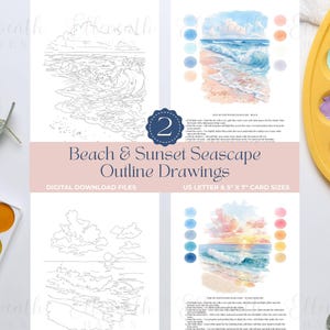 Könnte beinhalten: Zwei digitale Download-Blätter mit Strand- und Sonnenuntergangs-Landschaftszeichnungen, Aquarell-Anleitungen, Farbpaletten und Hinweisen. Die Blätter enthalten US-Letter-Formate und 13 cm mal 18 cm große Kartenformate für Malübungen.