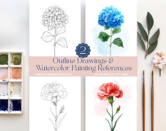 Watercolor Drawing Outline Hydrangea and Carnation Flower Painting DIY Art Kit Prints Coloring Pages Gift for Adults and Kids Paint Template