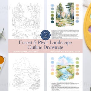 Op de afbeelding: Twee bos- en rivierlandschap-omtrektekeningen als digitale download, in US letter- en 5 cm x 7 cm kaartformaten. De set bevat lijntekeningen, aquarel-referentieafbeeldingen en kleurenpaletten, vergezeld door een geel verfpalet en een verfset.
