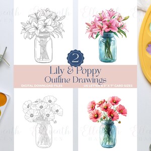 Kit de dibujo de acuarela con diseño de flores de lirio y amapola para pintar, impresiones, páginas para colorear para adultos y niños, plantillas de pintura para regalar.