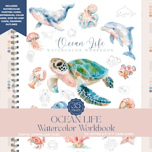 May include: A watercolour workbook titled "Ocean Life" with illustrations of marine creatures such as whales, dolphins, and sea turtles. Includes drawing outlines, colour guides, and step-by-step instructions. The cover has the text "Ocean Life Watercolor Workbook".