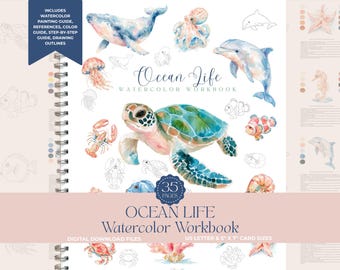 Ocean Life Watercolor Workbook Drawing Outline Painting DIY Art Kit Prints Adults & Kids Coloring Pages Paint Template Sheets