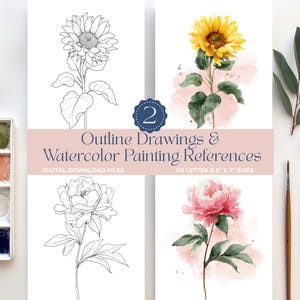 Watercolor Drawing Outline of Sunflower & Peony Flower Painting DIY Art Kit Prints Adults and Kids Coloring Pages Gift Paint Template Sheets