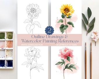 Watercolor Drawing Outline of Sunflower & Peony Flower Painting DIY Art Kit Prints Adults and Kids Coloring Pages Gift Paint Template Sheets