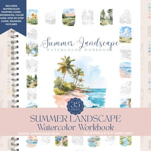 May include: A watercolour workbook titled "Summer Landscape" with a spiral binding. The cover shows a beach scene with palm trees. Includes a painting guide, references, colour guide, step-by-step guide, and drawing outlines. Contains 35 pages.