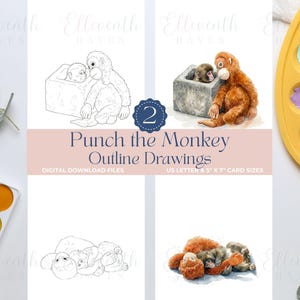 May include: Two digital download files featuring monkey outline drawings. One drawing is a black and white outline, and the other is a watercolor painting. The drawings are US Letter and 5 x 7 inch card sizes.