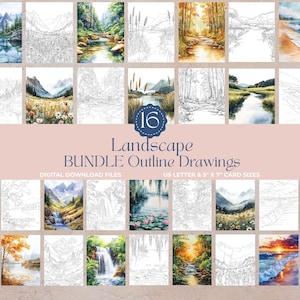 May include: A collection of 16 landscape outline drawings, including watercolor and line art images of mountains, forests, and beaches. The text reads "Landscape BUNDLE Outline Drawings" and "US Letter & 5 x 7" Card Sizes."