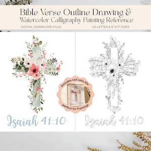Könnte beinhalten: Digitaler Download mit zwei Kreuzdesigns mit floralen Elementen. Eines ist ein Aquarell mit rosa und weißen Blumen, das andere eine Schwarz-Weiß-Umrisszeichnung. Text enthält "Jesaja 41,10" und "Bible Verse Outline Drawing & Watercolor Calligraphy Painting Reference".