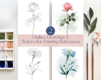 Watercolor Drawing Outline of Rose & Daisy Flower Painting DIY Art Kit Prints, Coloring Pages Gift for Adults and Kids Paint Template Sheets