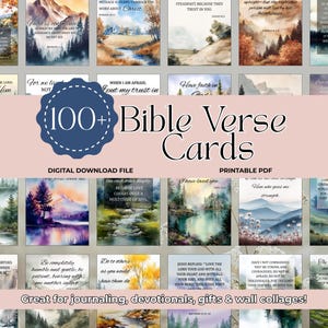 May include: A selection of over 100 Bible verse cards featuring watercolour landscape backgrounds. The cards are labelled as a digital download file and printable PDF. The image includes text that says "Great for journaling, devotionals, gifts & wall collages!"