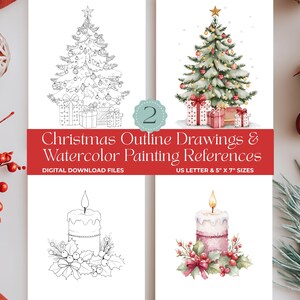 Christmas Tree Watercolor Drawing Outline Painting DIY Art Kit Prints, Adult and Kids Coloring Pages Gift, Holiday Paint Template Sheets