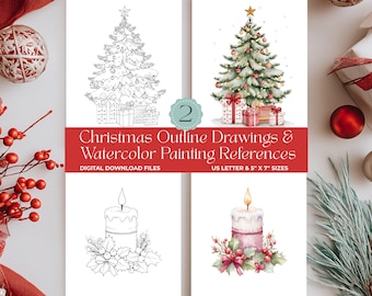 Kit de dibujo de acuarela de árbol de Navidad para pintar y esbozar, impresiones, páginas para colorear para adultos y niños, plantillas de pintura navideña.