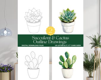 Succulent & Cactus House Plants Watercolor Painting Drawing Outline DIY Art Kit Prints, Plant Lover Coloring Pages, Paint Template Sheets