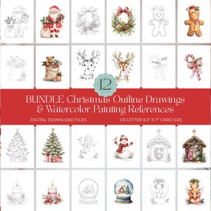 May include: A digital download bundle of 12 Christmas outline drawings and watercolor painting references featuring Santa, wreaths, gingerbread, reindeer, candy canes, trees, snowmen, nativity scenes, candles, snow globes, and angels.