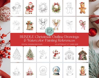 Puede incluir: Una colección de dibujos lineales y referencias de pintura a la acuarela con temática navideña. La imagen presenta 12 diseños, incluyendo a Papá Noel, árboles de Navidad, muñecos de nieve y escenas de la Natividad. El texto dice "BUNDLE Christmas Outline Drawings & Watercolor Painting References". El tamaño de la tarjeta es de 12,7 cm x 17,8 cm.