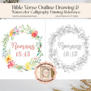 Könnte beinhalten: Digitaler Download von zwei floralen Kranzdesigns mit dem Bibelvers Römer 15,13. Eines ist ein Aquarellgemälde, das andere eine Strichzeichnung. Enthält eine 4x5-Verhältnisdatei, perfekt zum Einrahmen. US Letter und 12,7 cm x 17,8 cm Größen.