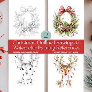 Christmas Watercolor Drawing Outline Wreath and Deer Painting DIY Art Kit Prints, Adult and Kids Coloring Pages Gift, Holiday Paint Template