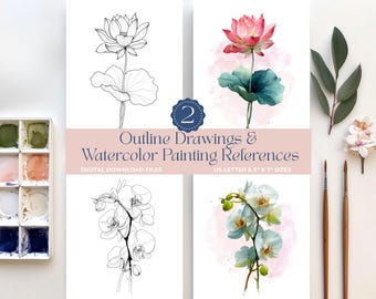 Watercolor Drawing Outline Lotus & Orchid Flower Painting DIY Art Kit Prints Coloring Pages Gift for Adults and Kids Paint Template Sheets