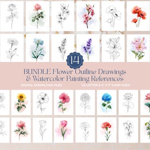 May include: A set of 14 floral art prints, combining outline drawings and watercolour paintings. The prints depict diverse flowers such as roses, poppies, and lilies. The text reads "BUNDLE Flower Outline Drawings & Watercolor Painting References". The card sizes are 12.7cm x 17.8cm.