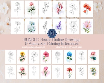 BUNDLE Flowers Watercolor Drawing Outline Painting DIY Art Kit Prints Adults & Kids Coloring Pages Paint Template Sheets Handmade Cards Gift